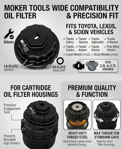 مفتاح فلتر زيت موكر لسيارة Toyota Camry/Tundra/RAV4 64 مم 14 أداة مفتاح ربط فلتر زيت فلوت لمحركات Toyota/Lexus/Scion 2.0 إلى 5.7L، تناسب أيضًا أفالون، تاكوما، هايلاندر، سيينا، 4 عداء وأكثر من ذلك in Saudi Arabia