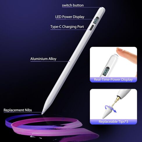 Stylus Pen for iPad 2018-2024,LED Power Display 3X Faster Charge Apple iPad Pencil with Palm Rejection&Tilt Sensitivity for iPad 10/9/8/7/6th Gen,iPad Pro 12.9"/11"/M4,iPad Air 3/4/5/M2,iPad Mini 5/6 in Saudi Arabia