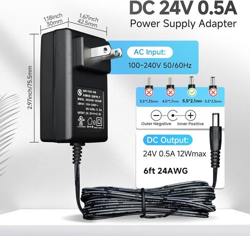 UL Listed 24V 0.5A 6ft Extra Long Power Supply Adapter with 8 Interchangeable Tips, AC to DC 24 Volt 12W Wall Charger Power Cord for Essential Oil Diffuser Aromatherapy Humidifier and More 24V Devices in Saudi Arabia