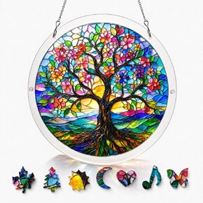 Acrylic Jigsaw Puzzle Suncatcher, Large 9.8inch Tree of Life Pattern, DIY Window Suncatcher Acrylic Puzzle, Colorful Hanging Light Catcher Decor in Kuwait