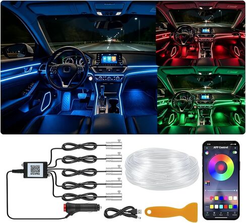 أضواء LED داخلية للسيارة، 5 في 1 مجموعات الإضاءة المحيطة بجهاز التحكم عن بعد مع الألياف الضوئية 16 مليون لون USB مزامنة الموسيقى RGB داخل شرائط السيارة ضوء النيون in Kuwait