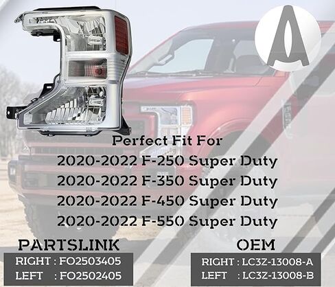 استبدال المصابيح الأمامية لسيارة Ford F-350 Super Duty 2020 2021 2022 فقط مجموعة المصابيح الأمامية الهالوجين من المصنع مع المصابيح، الجانب الأيسر والأيمن، FO2502405، FO2503405 / LC3Z-13008-B، LC3Z-13008-A DOT/SAE متوافق in Saudi Arabia