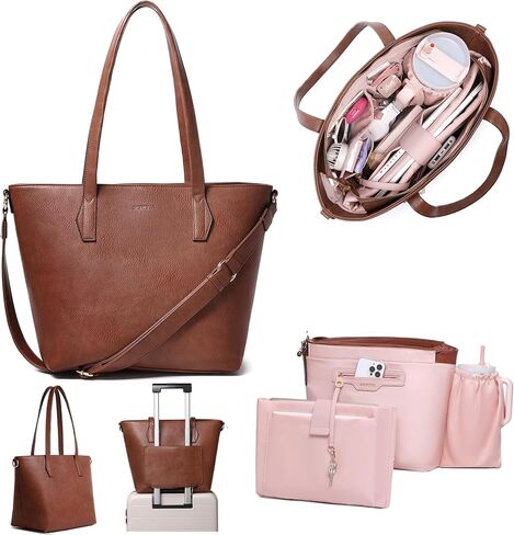 Women’s 16" Laptop Tote Bag – Dark Brown Vegan Leather Work Bag with Cupholder, RFID Pockets, Anti-Pickpocket Zipper, Travel Tote with Trolley Sleeve & Detachable Laptop Sleeve in Saudi Arabia