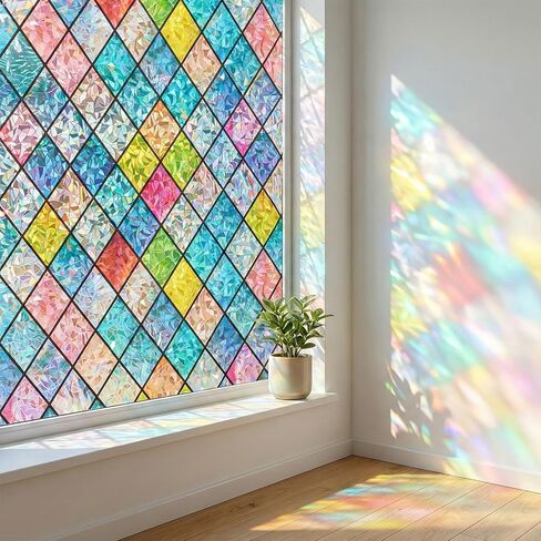 Coavas Stained Glass Window Privacy Film for Glass Upgrade Decorative Bathroom Window Cling Non Adhesive 3D Rainbow Colorful Sticker Static Cling Door Privacy Film Day and Night Rainbow,17 x 39.4inch in Saudi Arabia