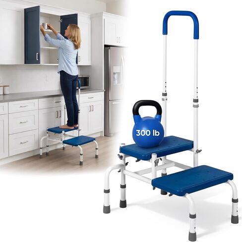 AdjustaStep(tm) Deluxe Step Stool/Footstool with Handle/Handrail, Height Adjustable. 2 Products in 1. Modern White/Blue Design. Padded Non-Slip Handle. 300 lb. Capacity in Saudi Arabia