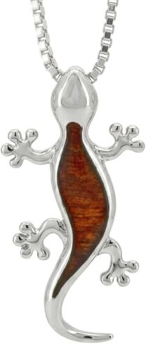 925 Sterling Silver Koa Wood Gecko Pendant with 18" Box Chain, Nickel Free Hypoallergenic for Sensitive Skin, Hawaii Island Jewelry, Gift Box Included in Saudi Arabia