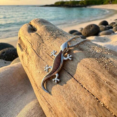 925 Sterling Silver Koa Wood Gecko Pendant with 18" Box Chain, Nickel Free Hypoallergenic for Sensitive Skin, Hawaii Island Jewelry, Gift Box Included in Saudi Arabia
