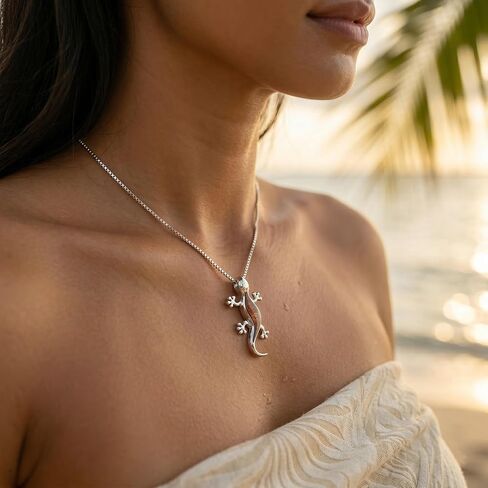 925 Sterling Silver Koa Wood Gecko Pendant with 18" Box Chain, Nickel Free Hypoallergenic for Sensitive Skin, Hawaii Island Jewelry, Gift Box Included in Saudi Arabia