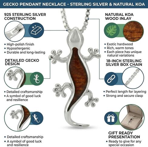 925 Sterling Silver Koa Wood Gecko Pendant with 18" Box Chain, Nickel Free Hypoallergenic for Sensitive Skin, Hawaii Island Jewelry, Gift Box Included in Saudi Arabia