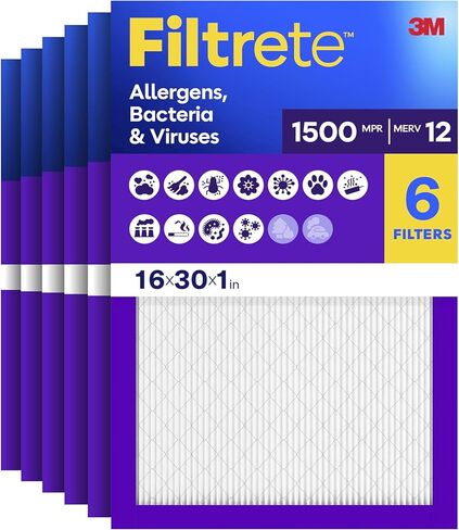 Filtrete 16x30x1 AC Furnace Air Filter, MERV 12, MPR 1500, CERTIFIED asthma & allergy friendly, 3 Month Pleated 1-Inch Electrostatic Air Cleaning Filter, 6-Pack (Actual Size 15.81x29.81x0.78 in) in Saudi Arabia
