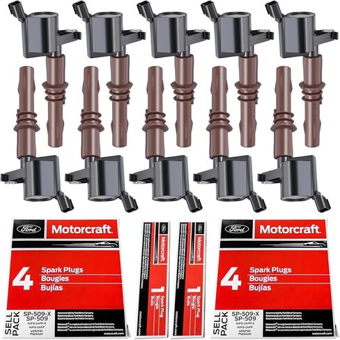 MAS Set of 10 Performance Ignition Coils Pack & OEM Motorcraft Spark Plugs SP509 Compatible with Ford F250 F350 F450 F550 Super Duty F650 F750 F53 F59 6.8L V10 Replacement for 8L3Z-12029-A C1659 DG521 in Saudi Arabia