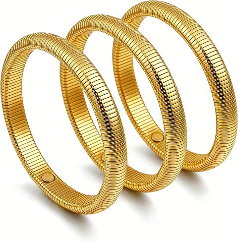 Gold Bangles for Women Chunky Stretch Bangles Bracelets Set 18K Gold Plated Stainless Steel Link Chain Bracelets Flexible Wide Wristband Bracelets Set of 3 Jewelry for Women in Saudi Arabia
