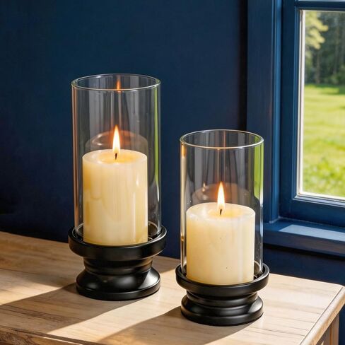 NUPTIO Hurricane Candle Holder Black: Set of 2 Candle Holders for Pillar Candles with Glass Cylinder - Metal Pillars Candleholder for Halloween Thanksgiving Home Fireplace Living Room Decor in Saudi Arabia