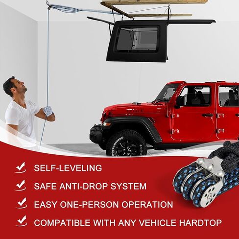 Hardtop Anti-Fall Removal Lift for Jeep Wrangler JL, JK, TJ, and Other Models with Hardtops | Idle Items, Kayak & Attic Hoist | Supports 8-16 ft Ceilings, Comes with 6 T-Knobs (Red) in Saudi Arabia