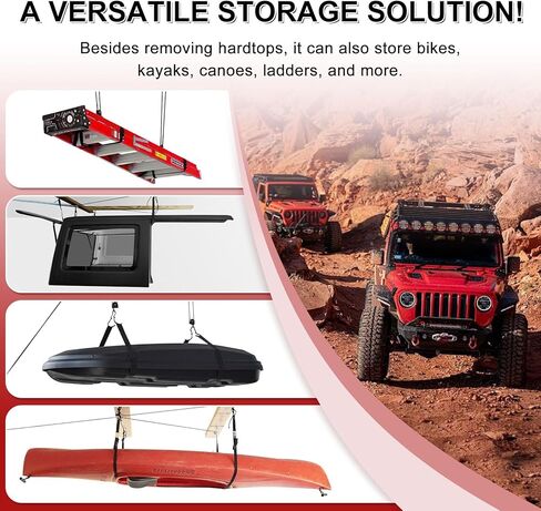 Hardtop Anti-Fall Removal Lift for Jeep Wrangler JL, JK, TJ, and Other Models with Hardtops | Idle Items, Kayak & Attic Hoist | Supports 8-16 ft Ceilings, Comes with 6 T-Knobs (Red) in Saudi Arabia