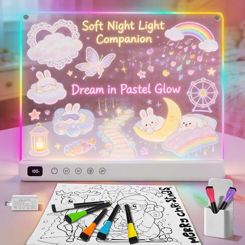 لوحة رسم LED قابلة لإعادة الشحن للأطفال، لوحة رسم مضيئة مع 8 ألوان و6 أوضاع، لوحة مسح جافة متوهجة نيون مع حامل مدمج، 7 علامات وكتاب تتبع، هدايا لعيد الميلاد وعيد الميلاد in Kuwait