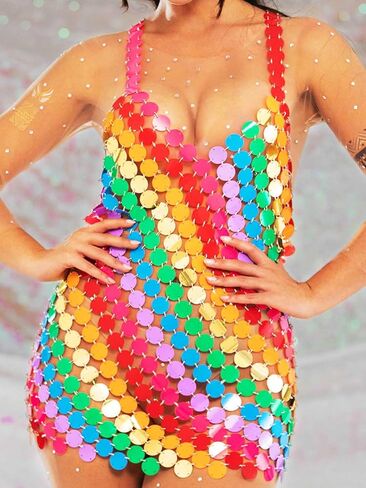 Nicute Sequin Rainbow Dress Sparkly V Neck Disco Sleeveless Chainmail Dress Hollow Out Summer Bikini Dresses for Women in Saudi Arabia