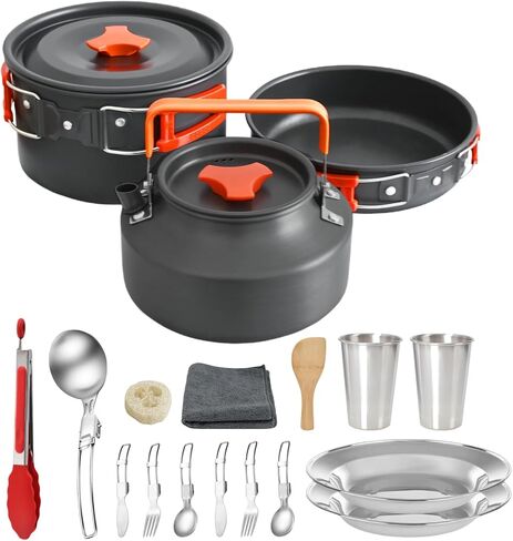 20Pcs Camping Cookware Mess Kit, Non-Stick Lightweight Camping Pots and Pans with 1.1L Kettle, 2 Set Stainless Steel Cups Plates Forks Knives Spoons for Backpacking, Hiking, Outdoor Cooking in Saudi Arabia