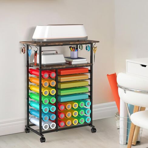 SHINOSKE Rolling Craft Storage Cart with 29 Vinyl Roll Holders & 6 Hooks,Compatible with Craft Cutting Machines,Multi-Tier Small Craft Table for Craft Supplies & Accessories,Heat Press,White in Saudi Arabia