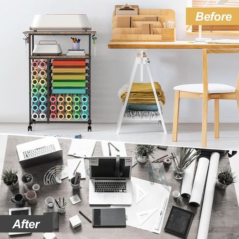SHINOSKE Rolling Craft Storage Cart with 29 Vinyl Roll Holders & 6 Hooks,Compatible with Craft Cutting Machines,Multi-Tier Small Craft Table for Craft Supplies & Accessories,Heat Press,White in Saudi Arabia