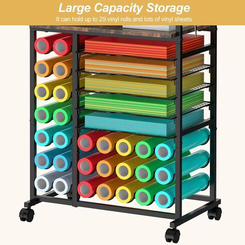 SHINOSKE Rolling Craft Storage Cart with 29 Vinyl Roll Holders & 6 Hooks,Compatible with Craft Cutting Machines,Multi-Tier Small Craft Table for Craft Supplies & Accessories,Heat Press,White in Saudi Arabia