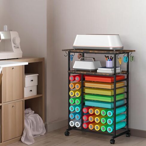 SHINOSKE Rolling Craft Storage Cart with 29 Vinyl Roll Holders & 6 Hooks,Compatible with Craft Cutting Machines,Multi-Tier Small Craft Table for Craft Supplies & Accessories,Heat Press,White in Saudi Arabia