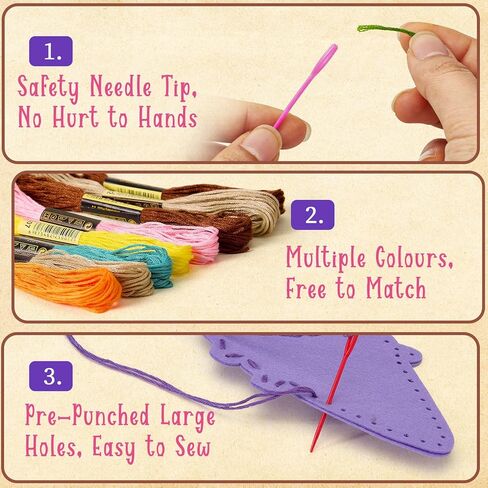 مجموعة الخياطة Toylink DIY للأطفال الذين تتراوح أعمارهم بين 4-12 عامًا، 12 مجموعة أدوات صناعة الحلوى مع فتحات مثقوبة مسبقًا، إبر بلاستيكية حادة، حشو قطني - مجموعة الخياطة الأولى ألعاب تعليمية STEM للفتيات والأولاد هدية عيد ميلاد in Kuwait
