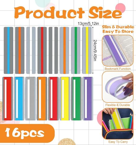 16 Pcs Line Readers for Students, 2 Styles Guided Reading Strips Reading Trackers for Kids - PVC Highlight & Colored Overlay Line Trackers Bookmark (8 Small/8 Large, 9.4 x 5.1 in) in Saudi Arabia