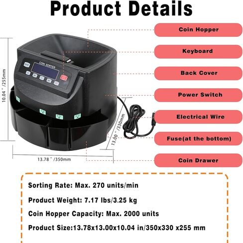 عداد العملات المعدنية الاحترافي T9500A بالدولار الأمريكي، فارز، آلة عد العملات المعدنية، فرز وحساب دفعات العملات المعدنية تلقائيًا، 270 عملة معدنية/الدقيقة in Kuwait