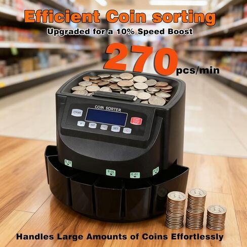 عداد العملات المعدنية الاحترافي T9500A بالدولار الأمريكي، فارز، آلة عد العملات المعدنية، فرز وحساب دفعات العملات المعدنية تلقائيًا، 270 عملة معدنية/الدقيقة in Kuwait