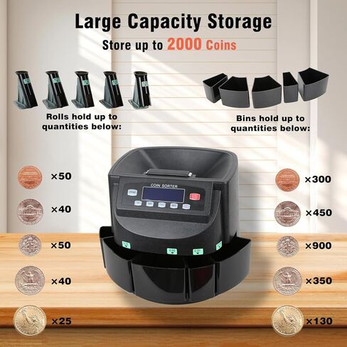 عداد العملات المعدنية الاحترافي T9500A بالدولار الأمريكي، فارز، آلة عد العملات المعدنية، فرز وحساب دفعات العملات المعدنية تلقائيًا، 270 عملة معدنية/الدقيقة in Kuwait