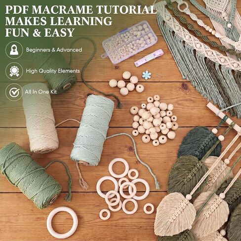 مجموعة Rivvlive Macrame للبالغين المبتدئين 249 قطعة، 436yd 3 مم من القطن حبل Macrame حلقات خشبية ومسامير وخرز إبرة خيط صندوق هدايا وكتاب تعليمات رقمي لمشاريع الديكور البوهيمي اليدوية in Kuwait