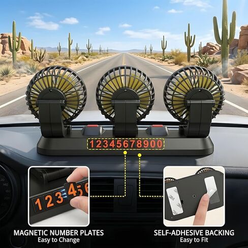 Portable 3-Head Car Cooling Fan, 12V Cigarette Lighter Plug Dashboard Fan for Vehicles Cars Trucks SUV, 360° Adjustable Heads Strong Airflow (No Battery) in Saudi Arabia