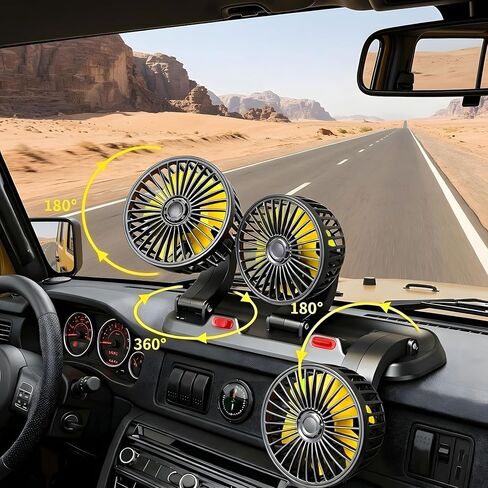 Portable 3-Head Car Cooling Fan, 12V Cigarette Lighter Plug Dashboard Fan for Vehicles Cars Trucks SUV, 360° Adjustable Heads Strong Airflow (No Battery) in Saudi Arabia