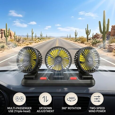 Portable 3-Head Car Cooling Fan, 12V Cigarette Lighter Plug Dashboard Fan for Vehicles Cars Trucks SUV, 360° Adjustable Heads Strong Airflow (No Battery) in Saudi Arabia