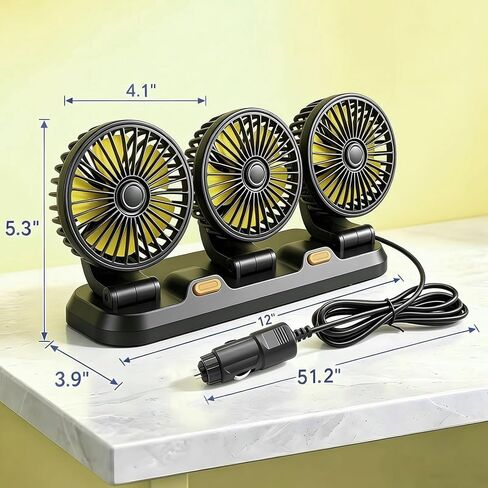 Portable 3-Head Car Cooling Fan, 12V Cigarette Lighter Plug Dashboard Fan for Vehicles Cars Trucks SUV, 360° Adjustable Heads Strong Airflow (No Battery) in Saudi Arabia