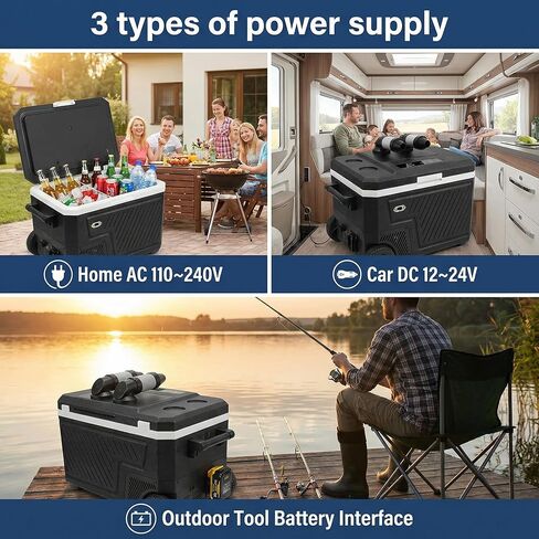 Fullwatt 12 Volt Refrigerator, 48QT(45L) Dual-Zone Electric Cooler for Car with Air Cooler, Portable Freezer 12/24V DC 100-240V AC Tool Battery Interface, -4℉~68℉ for Camping, Fishing, Travel, Picnic in Saudi Arabia
