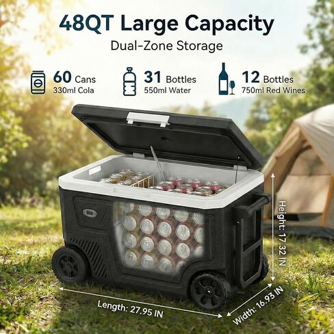 Fullwatt 12 Volt Refrigerator, 48QT(45L) Dual-Zone Electric Cooler for Car with Air Cooler, Portable Freezer 12/24V DC 100-240V AC Tool Battery Interface, -4℉~68℉ for Camping, Fishing, Travel, Picnic in Saudi Arabia