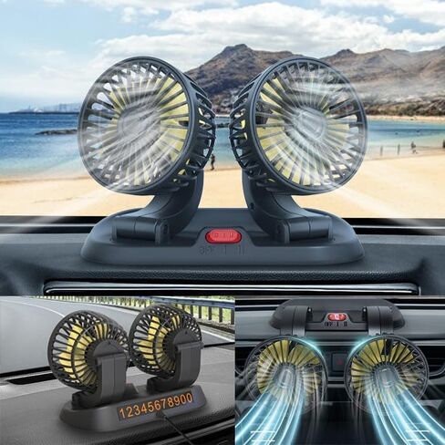 Portable 2-Head Car Cooling Fan, 12V Cigarette Lighter Plug Dashboard Fan for Vehicles Cars Trucks SUV, 360° Adjustable Heads Strong Airflow (No Battery) in Saudi Arabia