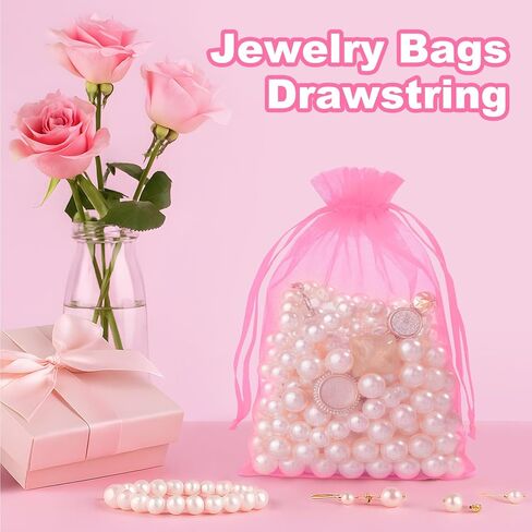 Crweety 50 Pcs Pink Organza Bags 3x4 In, Small Gift Bags Bulk for Jewelry Candy Soap Makeup Sachet, Cute Mesh Goodie Bag Drawstring for Wedding Baby Shower Party Favors & Graduation Gifts in Saudi Arabia