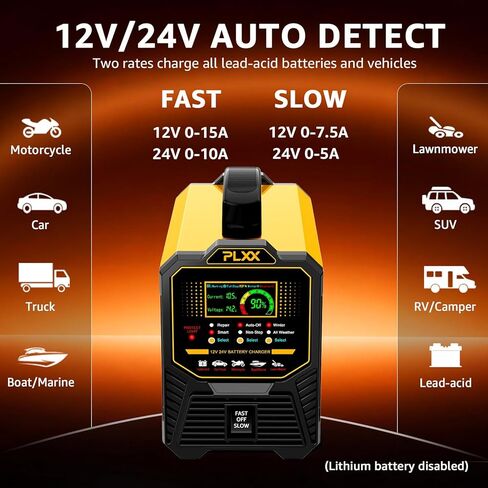 PLXX 12V 24V Car Battery Charger Heavy Duty 0-15A Automatic Smart Trickle Charger with Auto Shutoffs, Repair, Winter Mode, for Automotive Car Truck Motorcycle Lawn Mower Boat Marine AGM in Kuwait