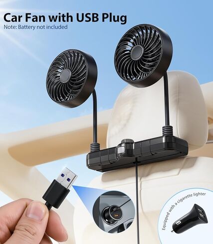 مراوح تبريد السيارة ذات الرأس المزدوج للمقعد الخلفي للأطفال، مروحة مسند رأس السيارة USB 5 فولت/12 فولت/24 فولت للوجه الخلفي للطفل، مبرد مقعد السيارة الذي ينفخ الهواء البارد للمركبات سيدان Suv Rv Truck بدون تيار متردد in Kuwait