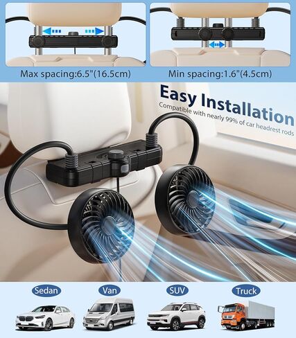 مراوح تبريد السيارة ذات الرأس المزدوج للمقعد الخلفي للأطفال، مروحة مسند رأس السيارة USB 5 فولت/12 فولت/24 فولت للوجه الخلفي للطفل، مبرد مقعد السيارة الذي ينفخ الهواء البارد للمركبات سيدان Suv Rv Truck بدون تيار متردد in Kuwait