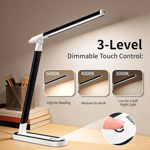 LED Desk Lamp, Eye-Caring Table Lamp with 3 Brightness Levels, Touch Control and Memory Function, Foldable Reading Lamp for Home Office Bedroom Study, 8W, 4000K, Black in Saudi Arabia