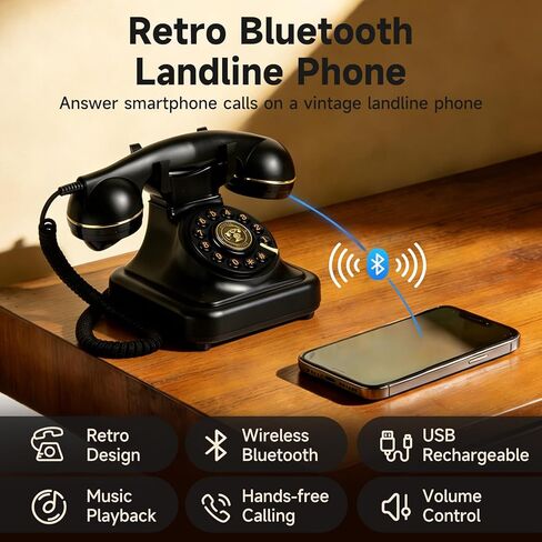 Bluetooth Rotary Landline Phone, Retro Bluetooth Home Phone, Vintage Old Fashioned Telephone with Speakerphone & Volume Control, Wireless Rechargeable Telephone for Bedroom, Home & Office, Black in Saudi Arabia