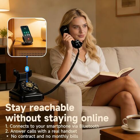 Bluetooth Rotary Landline Phone, Retro Bluetooth Home Phone, Vintage Old Fashioned Telephone with Speakerphone & Volume Control, Wireless Rechargeable Telephone for Bedroom, Home & Office, Black in Saudi Arabia