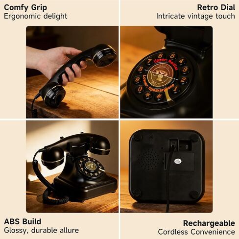 Bluetooth Rotary Landline Phone, Retro Bluetooth Home Phone, Vintage Old Fashioned Telephone with Speakerphone & Volume Control, Wireless Rechargeable Telephone for Bedroom, Home & Office, Black in Saudi Arabia