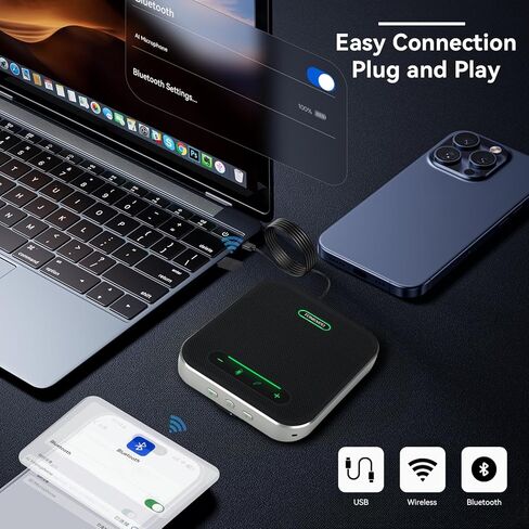 TONGVEO مكبر صوت بلوتوث مع ميكروفون، AI إلغاء الضوضاء USB / مكبر صوت لاسلكي للكمبيوتر الشخصي، 4 ميكروفونات 360 درجة لاقط الصوت، 24 ساعة للتكبير، الفرق، غرفة اجتماعات المكتب المنزلي in Kuwait