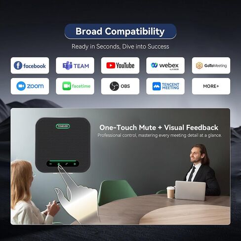 TONGVEO مكبر صوت بلوتوث مع ميكروفون، AI إلغاء الضوضاء USB / مكبر صوت لاسلكي للكمبيوتر الشخصي، 4 ميكروفونات 360 درجة لاقط الصوت، 24 ساعة للتكبير، الفرق، غرفة اجتماعات المكتب المنزلي in Kuwait