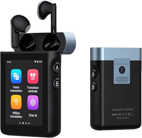 سماعات أذن Wooask A9S AI Translator مع شاشة، مترجم لغة غير متصل بالإنترنت مع ترجمة الكاميرا، يعمل بنظام ChatGPT، لا يتطلب هاتف، لسفر الأعمال العالمية والبدو الرقميين (أسود) in Kuwait